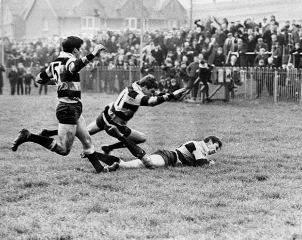 Newport winger Stuart Watkins pouncing for his 100th try for Newport to help beat Cardiff at Rodney Parade in November 1968